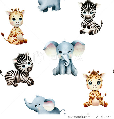 Seamless pattern with cute baby african animals. Giraffes, zebras and elephants. Watercolor hand drawn safari illustrations isolated on background. For designers, postcards, greetings, birthday 121912838