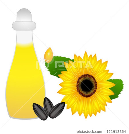 Bottle of sunflower oil and flower seeds. Bottle of sunflower oil and flower seeds. 121912864