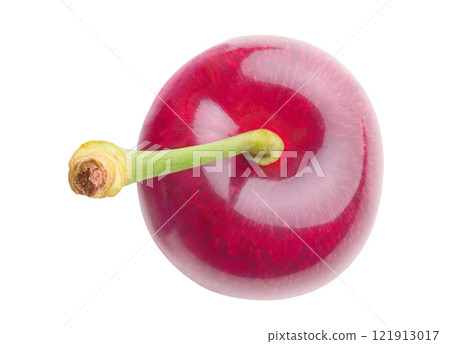 Sweet cherry fruit with stem top view isolated on white background 121913017