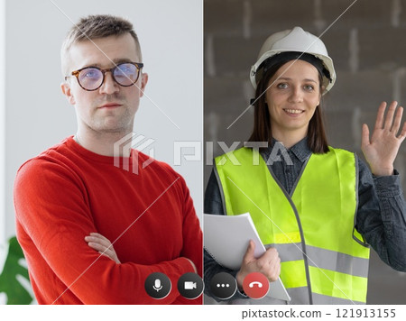 video chat on smartphone or laptop screen. video call between two people, conference to resolve work video chat on smartphone or laptop screen. video call between two people, conference to resolve work 121913155