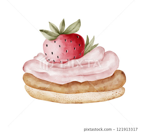 strawberry dessert with creamy glaze on golden crust, watercolor illustration strawberry dessert with creamy glaze on golden crust, watercolor illustration 121913317