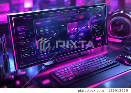 professional digital illustration showcases reminder app interface on computer screen. It features do list displaying tasks like Buy milk and Call Mom one task checked off. 121913319
