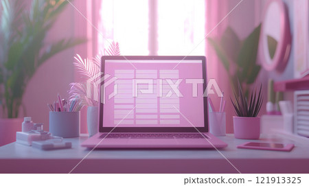 clean interface on laptop showcases list of rules icons in stylish workspace. Soft lighting and plants enhance modern atmosphere for productivity. 121913325