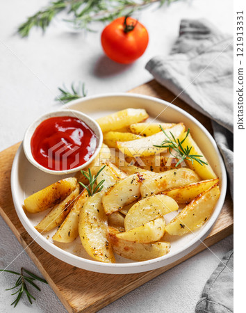 Baked potato wedges with spices, fresh rosemary and tomato sauce on a wooden board 121913331
