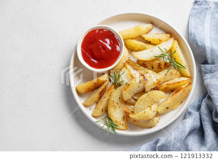 Baked potato wedges with spices, fresh rosemary and tomato sauce on a plate on a light background 121913332