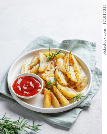 Baked potato wedges with spices, fresh rosemary and tomato sauce on a plate on a light background Baked potato wedges with spices, fresh rosemary and tomato sauce on a plate on a light background 121913333