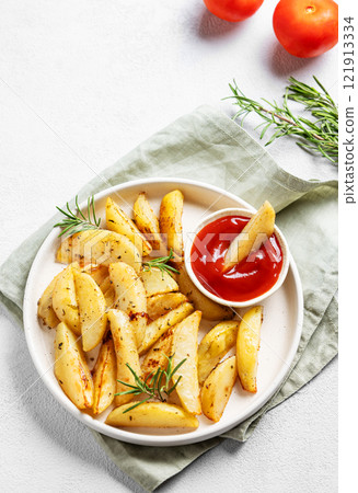 Baked potato wedges with spices, fresh rosemary and tomato sauce on a plate on a light background Baked potato wedges with spices, fresh rosemary and tomato sauce on a plate on a light background 121913334