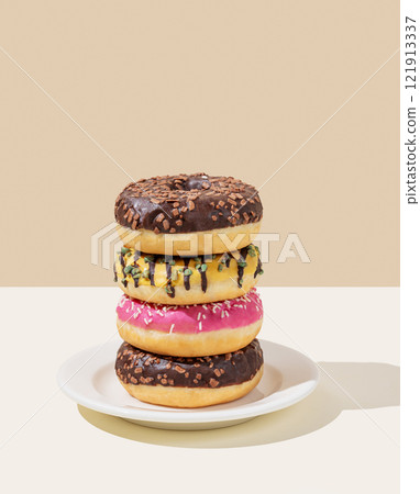 Stack of glazed donuts with different toppings on white plate on beige and white background. Stack of glazed donuts with different toppings on white plate on beige and white background. 121913337