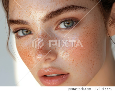 close up captures woman's face displaying radiant and even complexion enhanced warm lighting. Subtle highlights on her cheeks create natural glow warms skin tone. 121913360