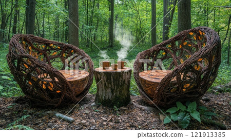 Two unique chairs made of branches and leaves sit in serene forest clearing. wooden stump between them holds steaming tea cups surrounded sunlight and lush greenery. 121913385