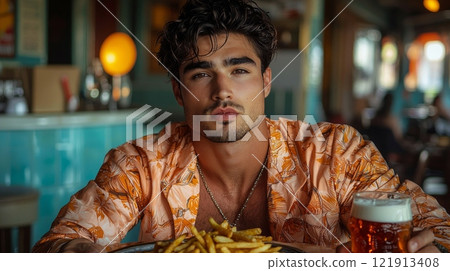 charming diner atmosphere features handsome man chiseled jawline relishing juicy burger crispy fries and refreshing soda warm lighting. 121913408