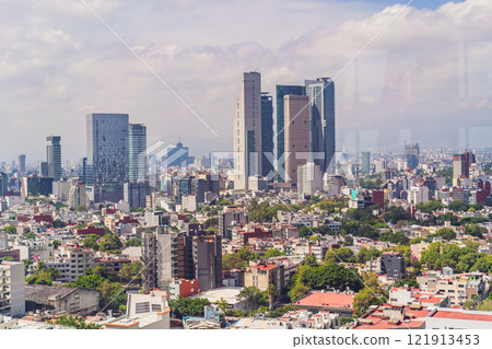 Panoramic view of Mexico City from above, showcasing the sprawling urban landscape, iconic landmarks, and vibrant culture. Cityscape, travel, and architecture concept 121913453