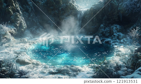 Steam rises from vibrant blue mountain spring surrounded blankets of snow and ice. Frosted plants frame edges creating serene winter wonderland. Steam rises from vibrant blue mountain spring surrounded blankets of snow and ice. Frosted plants frame edges creating serene winter wonderland. 121913531