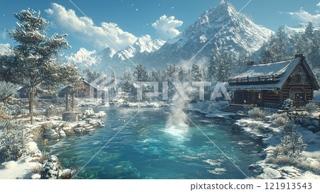 Steam rises gently from clear mountain spring surrounded snow and ice. Frosted plants line edges enhancing enchanting winter atmosphere of landscape. 121913543