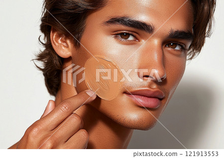 In sleek and modern environment man chiseled features applies lightweight foundation his fingertips showcasing even natural complexion bright lighting. 121913553