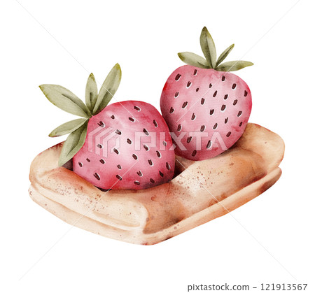 dessert waffle with strawberries, Watercolor illustration dessert waffle with strawberries, Watercolor illustration 121913567