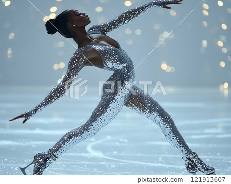 female figure skater elegantly balances in high spiral pose on ice showcasing her sparkling costume while low key lighting casts dramatic shadows emphasizing movement and grace. 121913607