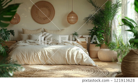 serene bedroom features natural wood bed frame adorned soft organic linen bedding. Lush greenery adds calming touch space illuminated warm sunlight. 121913628