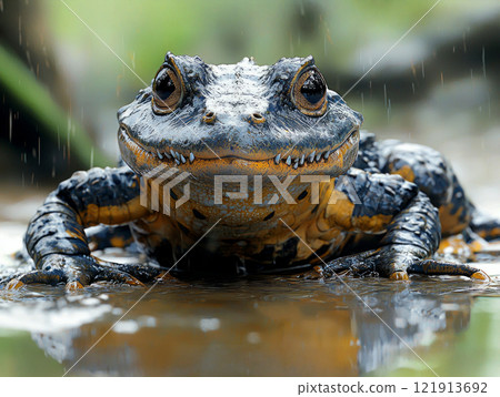 striking illustration features crocodile frog hybrid resting edge of swampy pond. striking illustration features crocodile frog hybrid resting edge of swampy pond. 121913692