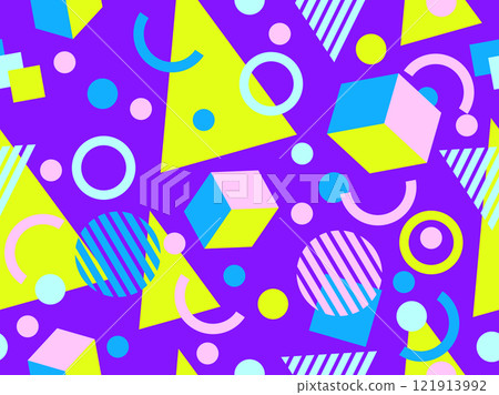 Geometric seamless pattern with memphis elements in 80s style. Colorful geometric 3D figures in isometric style. Design of promotional products, wrapping paper and printing. Vector illustration 121913992