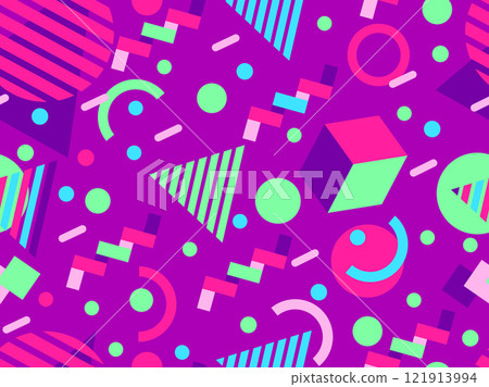 Geometric seamless pattern with memphis elements in 80s style. Colorful geometric 3D figures in isometric style. Design of promotional products, wrapping paper and printing. Vector illustration Geometric seamless pattern with memphis elements in 80s style. Colorful geometric 3D figures in isometric style. Design of promotional products, wrapping paper and printing. Vector illustration 121913994