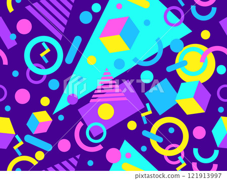 Geometric seamless pattern with memphis elements in 80s style. Colorful geometric 3D figures in isometric style. Design of promotional products, wrapping paper and printing. Vector illustration Geometric seamless pattern with memphis elements in 80s style. Colorful geometric 3D figures in isometric style. Design of promotional products, wrapping paper and printing. Vector illustration 121913997