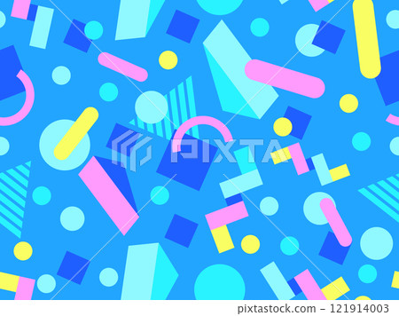 Geometric seamless pattern with memphis elements in 80s style. Colorful geometric 3D figures in isometric style. Design of promotional products, wrapping paper and printing. Vector illustration 121914003