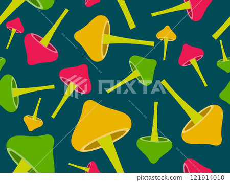 Mushrooms seamless pattern. Mushrooms on a stem. Hallucinogenic mushrooms of different colors. Mushroom design for wallpapers, covers, wrappers and banners. Vector illustration 121914010