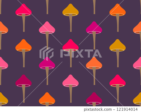 Mushrooms seamless pattern. Mushrooms on a stem. Hallucinogenic mushrooms of different colors. Mushroom design for wallpapers, covers, wrappers and banners. Vector illustration 121914014