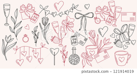Hand drawn vector Valentines Day elements in outline style. hearts, flowers, gift boxes, ribbon, calendar, cups, strawberries, champagne and letters in black and red colors. Perfect for cards Hand drawn vector Valentines Day elements in outline style. hearts, flowers, gift boxes, ribbon, calendar, cups, strawberries, champagne and letters in black and red colors. Perfect for cards 121914019