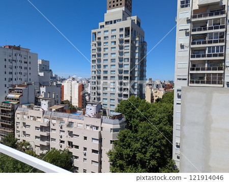 Buenos Aires, Argentina - 01.12.2025: View of urban development in the Palermo area from the top floor of the Vain Hotel on Thames Street. 121914046