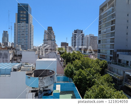 Buenos Aires, Argentina - 01.12.2025: View of Thames Street in the Palermo area from the top floor of the Vain Hotel. 121914050