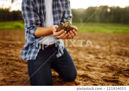 Man in a shirt holds a green plant in his hands. Caring for the environment. 121914053