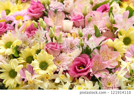 Delicate blooming festive alstroemerias and chrysanthemums, blossoming pink and yellow summer flowers bright background, bouquet floral card, selective focus, shallow focus 121914118