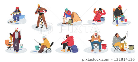 People winter fishers cartoon characters wearing warm clothing enjoying seasonal hobby activity set 121914136