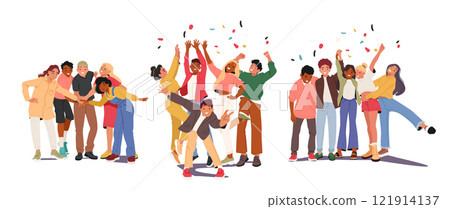 Group of happy teenagers celebrating holiday, partying or clubbing together cartoon scene set 121914137