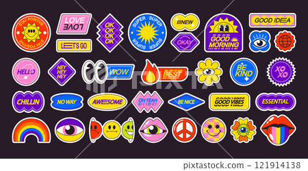 Pop art stickers with funny cute design, comic lettering and humor phrase isolated trendy set 121914138