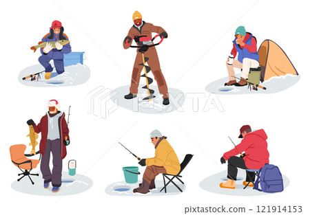 People cartoon fisher character enjoying winter fishing hobby activity on frozen lake or river 121914153
