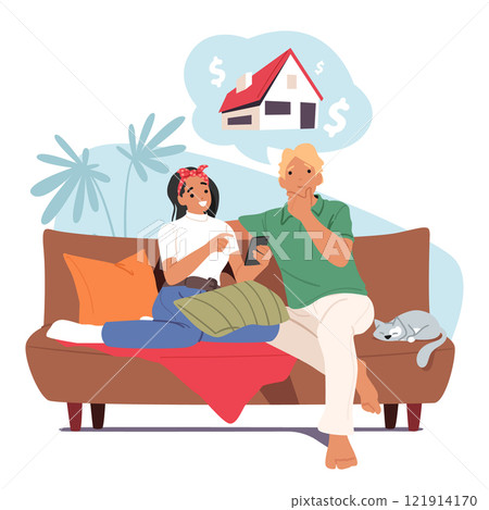 Happy loving couple dreaming about new home sitting on couch searching real estate on internet 121914170