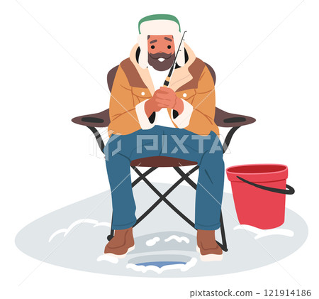 Experienced bearded man fisher cartoon character feeling excited enjoying fish catching process Experienced bearded man fisher cartoon character feeling excited enjoying fish catching process 121914186