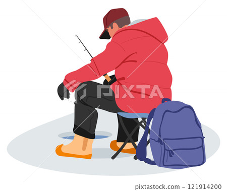 View from back of fisherman cartoon character sitting on chair with rod fishing in ice lake hole 121914200