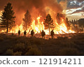Fire brigade extinguishes a fire in the forest 121914211