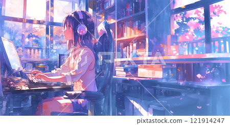 An office lady who is good at using a computer. Watercolor painting. Illustration. Illustration. 121914247