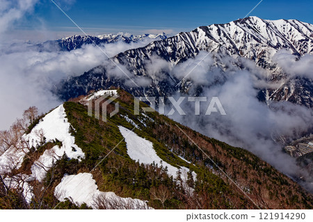 Climbers walking along the snow-covered southern ridge of Mount Jigatake in the Northern Alps, with views of Mount Renge, Mount Yari, and the Hotaka mountain range 121914290