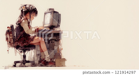 一個擅長操作電腦的女孩。女士。水彩。插圖。插圖。 121914297