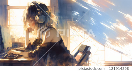 一個擅長操作電腦的女孩。女士。水彩。插圖。插圖。 121914298