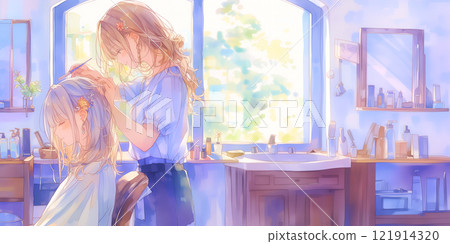 A girl styling her hair. Woman. Watercolor. Illustration. Book illustration. A girl styling her hair. Woman. Watercolor. Illustration. Book illustration. 121914320