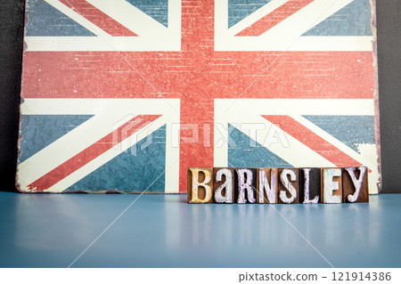 BARNSLEY. Urban Area in Great Britain. Flag and alphabet letters on wooden texture background BARNSLEY. Urban Area in Great Britain. Flag and alphabet letters on wooden texture background 121914386