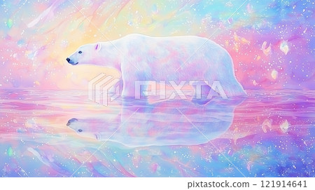 Illustration dreamlike polar bear walking on reflective ice in a pastel fantasy landscape. International polar bear day. World Wildlife Day 121914641