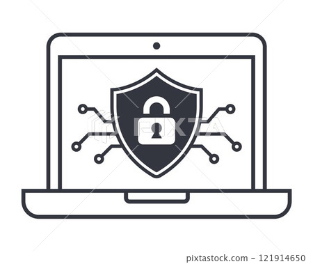 Black cybersecurity icon on laptop. 121914650